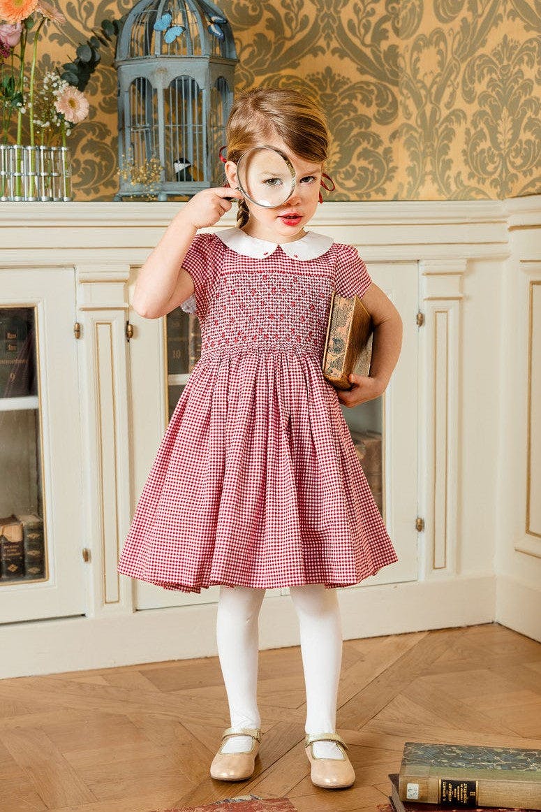 Camille Red Gingham Flannel Smocked Girl Dress