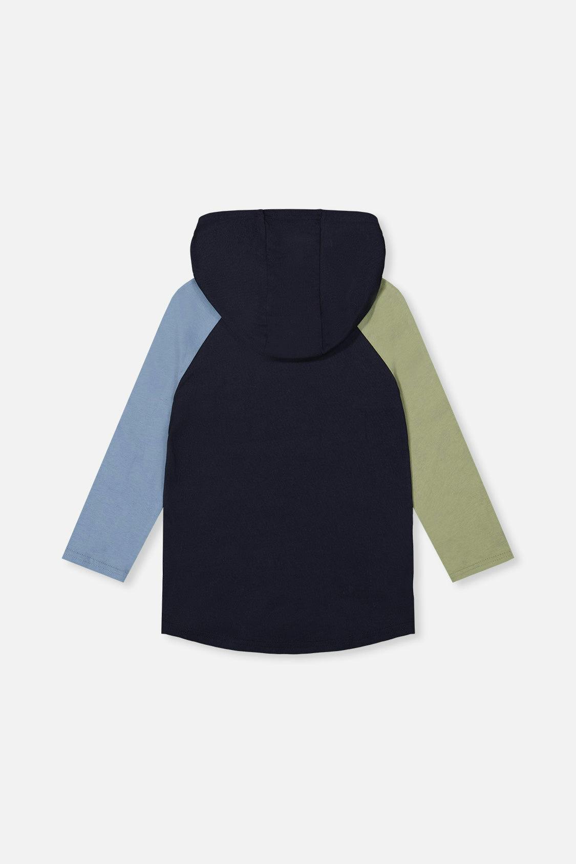 Raglan Hooded T-Shirt Dark Blue and Green