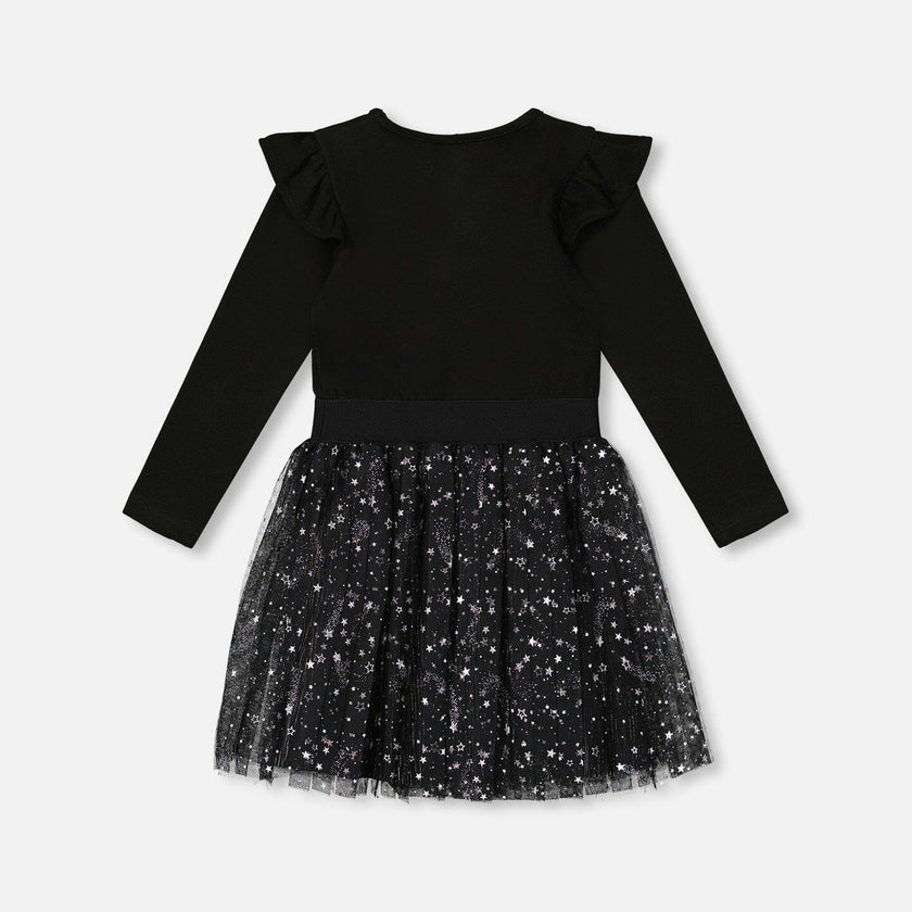 Long Sleeve Dress With Glittering Tulle Skirt Black