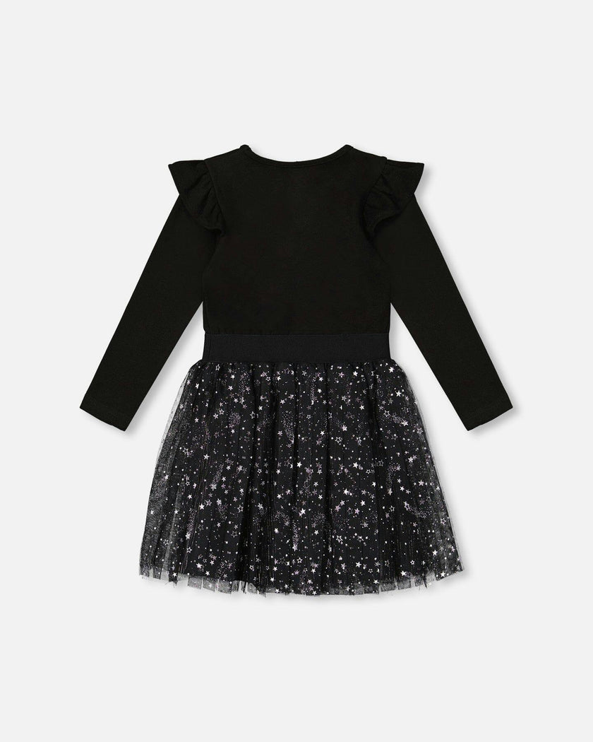 Long Sleeve Dress With Glittering Tulle Skirt Black