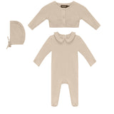 Embroidered Romper, Cardigan, and Bonnet Three Piece Set