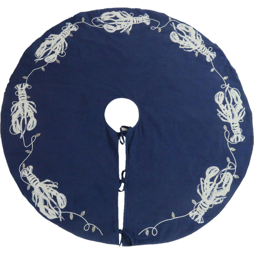 Handmade Lobsters Navy Blue Cotton Christmas Tree Skirt 60"