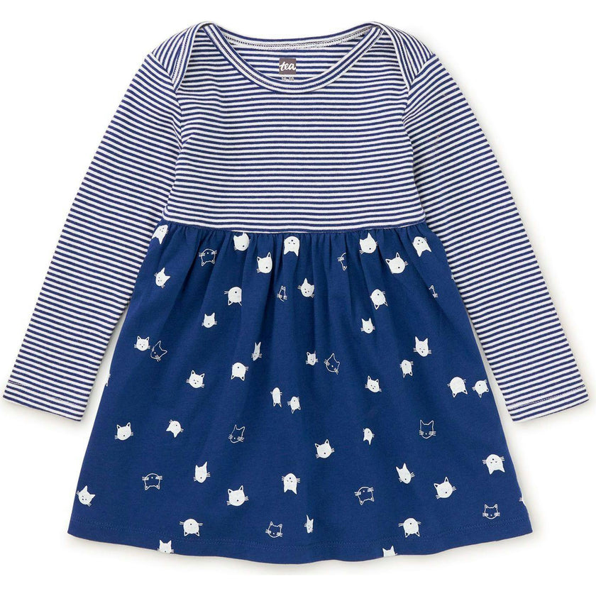 Babys Mix Print 2-Tone Long Sleeve Skirt Dress, Blue