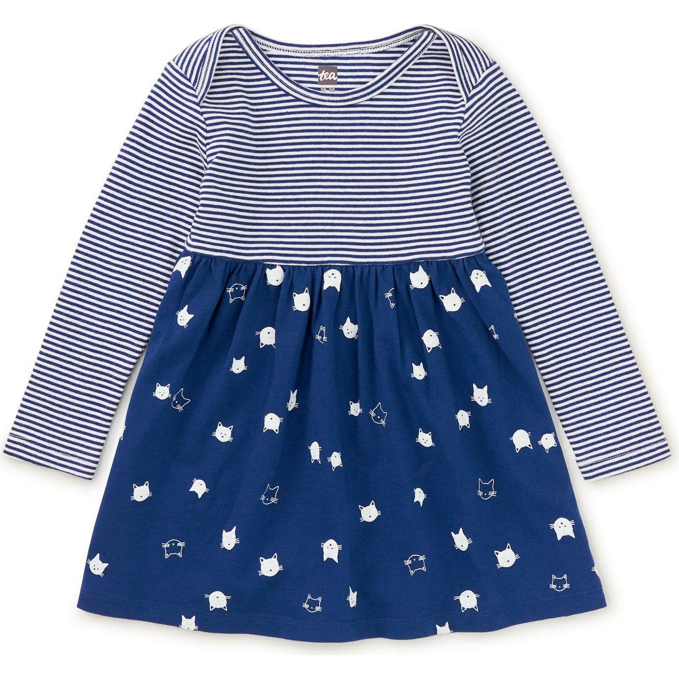 Babys Mix Print 2-Tone Long Sleeve Skirt Dress, Blue