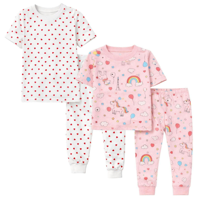 Kids and Toddlers 2 Pack Rainbow/Hearts Short Sleeve Snug Fitted Pajamas