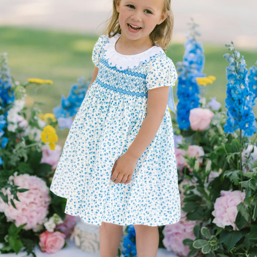 Isadora Floral Blue Short Puff Empire Dress