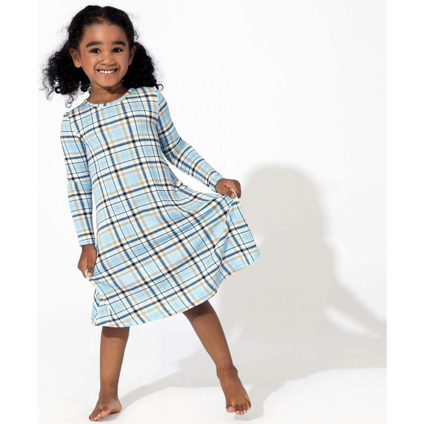 Holiday Plaid Blue Bamboo Girls' Long Sleeve Dress