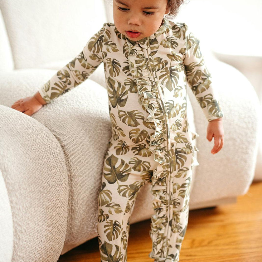 Island Leaf Cotton Stretch Ruffle Footed Romper