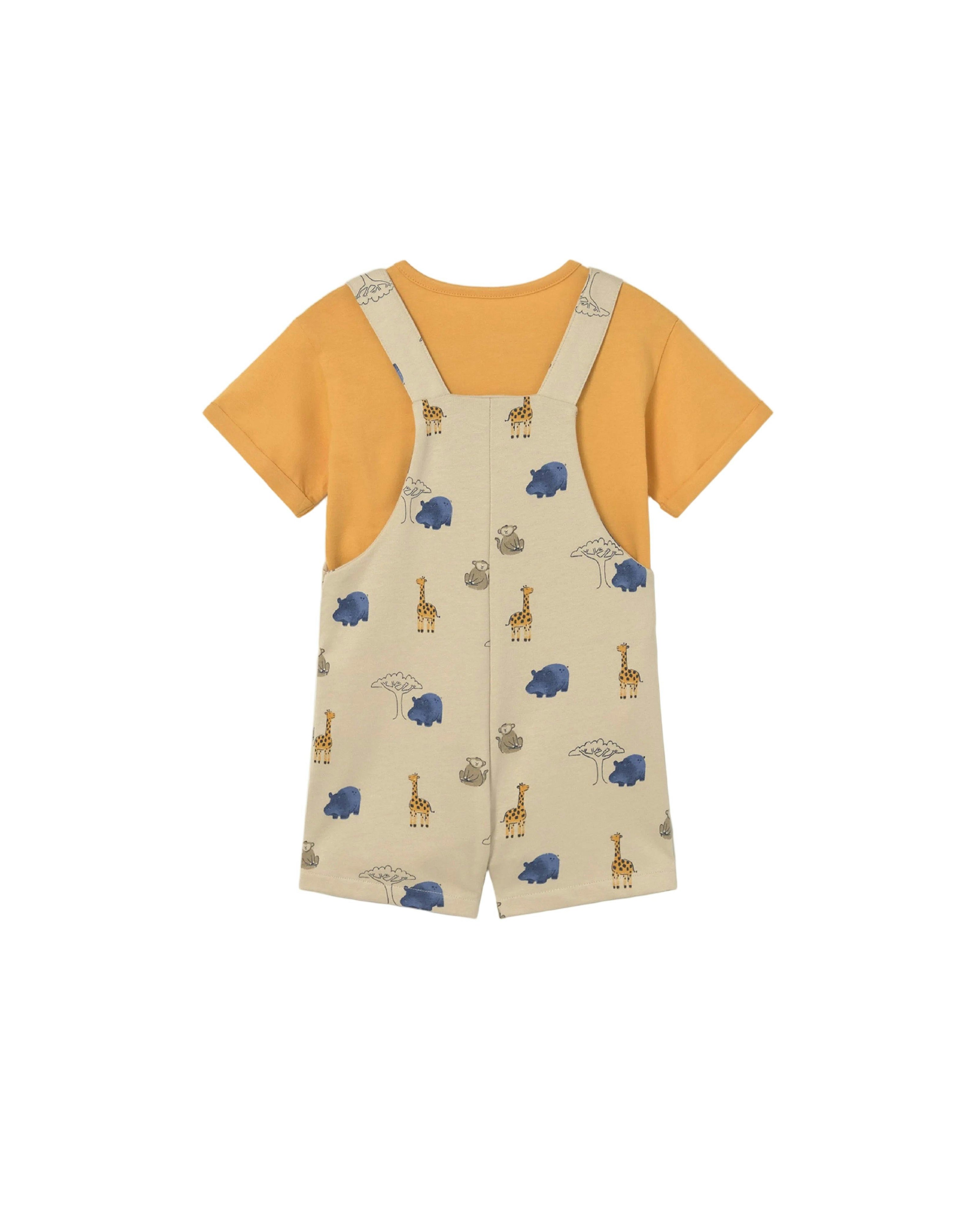 Graphic Tee and Printed Dungarees Set
