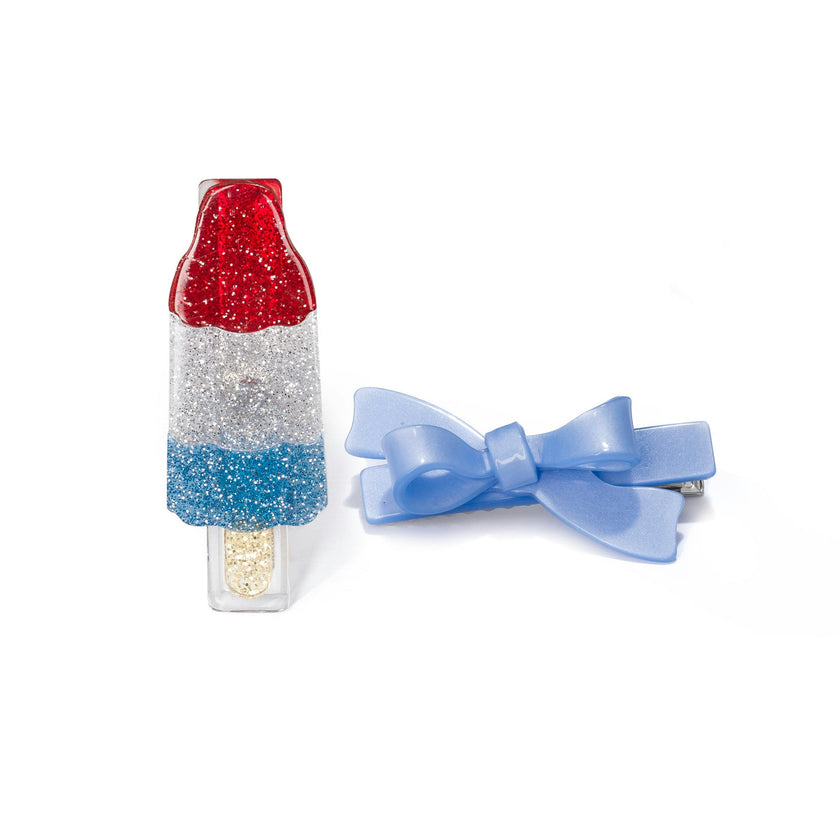 Popsicle Rocket Glitter Blue Satin Bow Hair Clips -SUM