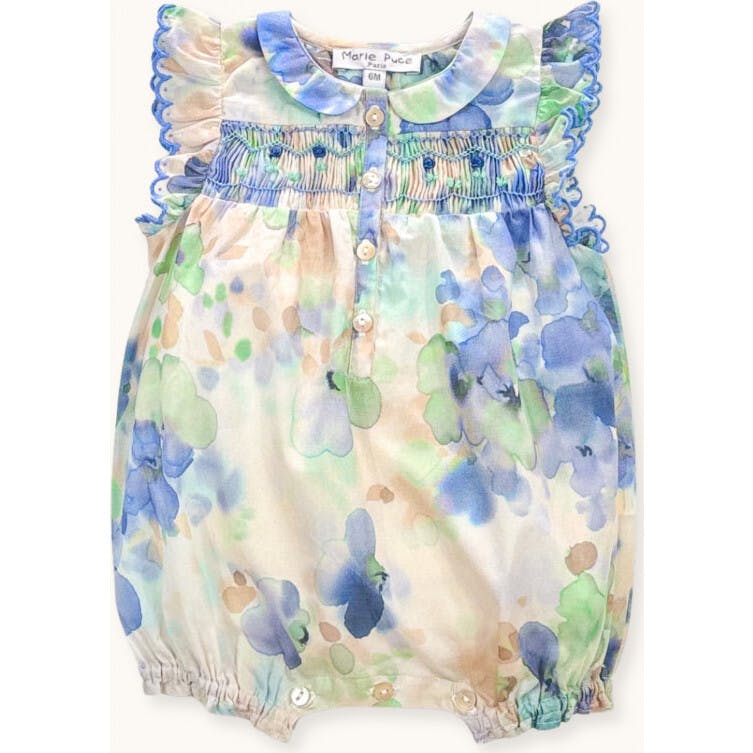 Romper AGATA Hand-Smocked Blue Frozen Flowers, Florals