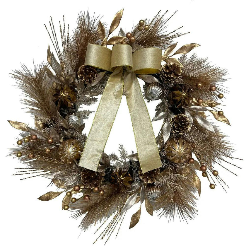 26" Gold Bow, Pinecone & Ornament Wreath Pre-Lit
