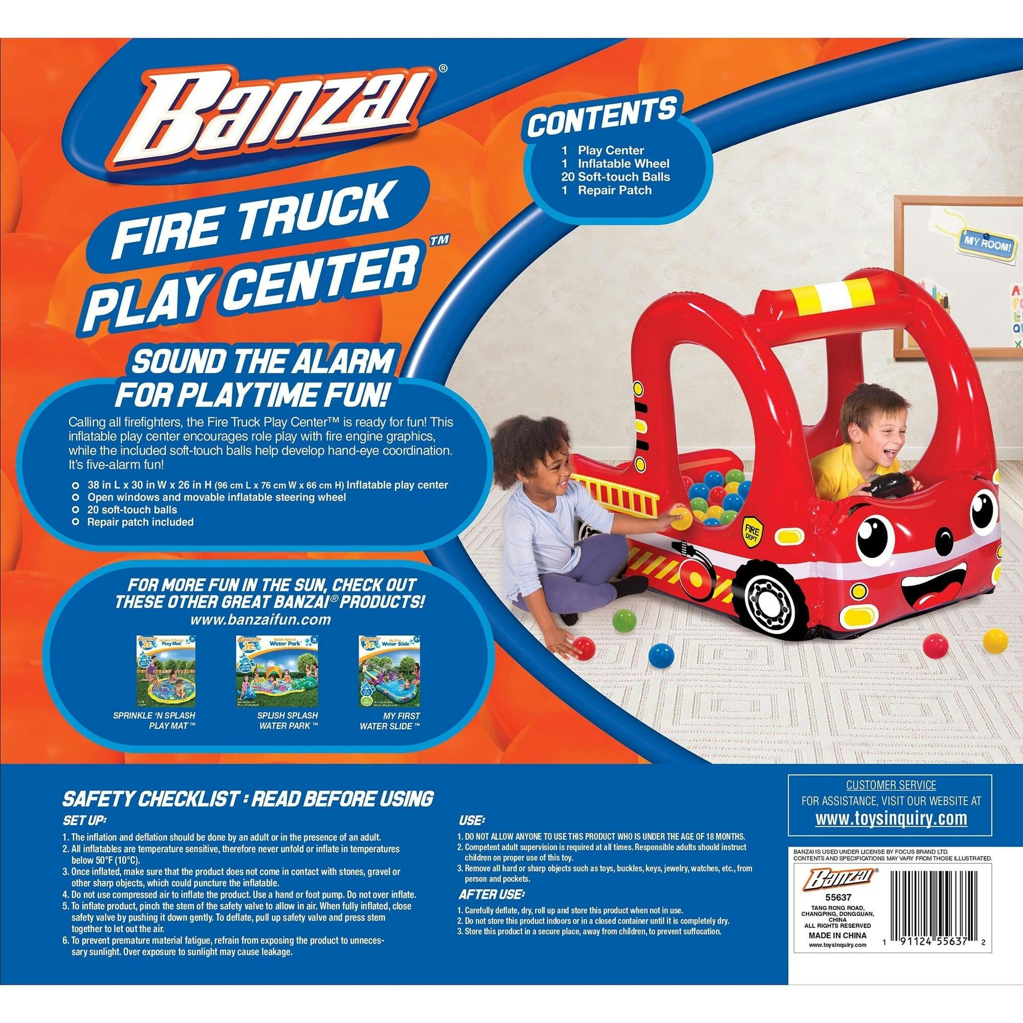 Banzai Rescue Fire Truck Play Center Inflatable Ball Pit -Includes 20 Balls