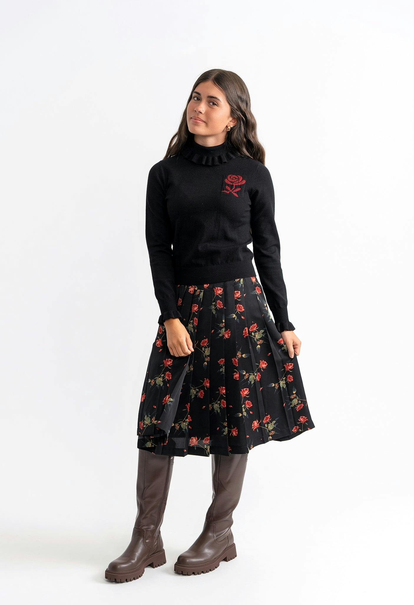 Woven Print Knit Set Black