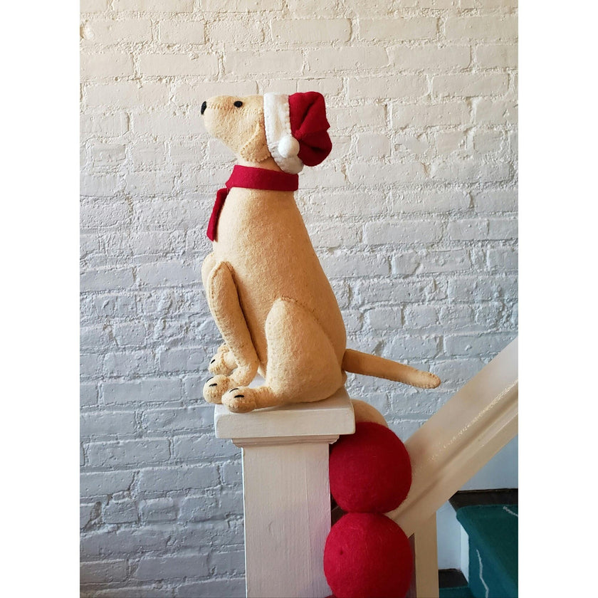 Tan Yellow Lab Santa Hat Christmas Tree Topper Hand Felted Wool