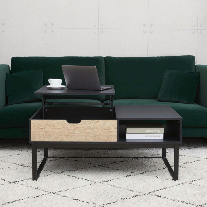 Bryson Two-Tone Natural Wood Grain Color with Manual Lift and Lower Top Coffee Table Desk with Open Storage and Metal Legs