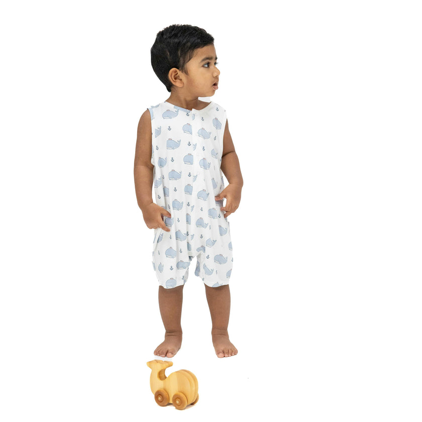 Bubbly Sailor Whales Blue - Sleeveless Shortie Romper