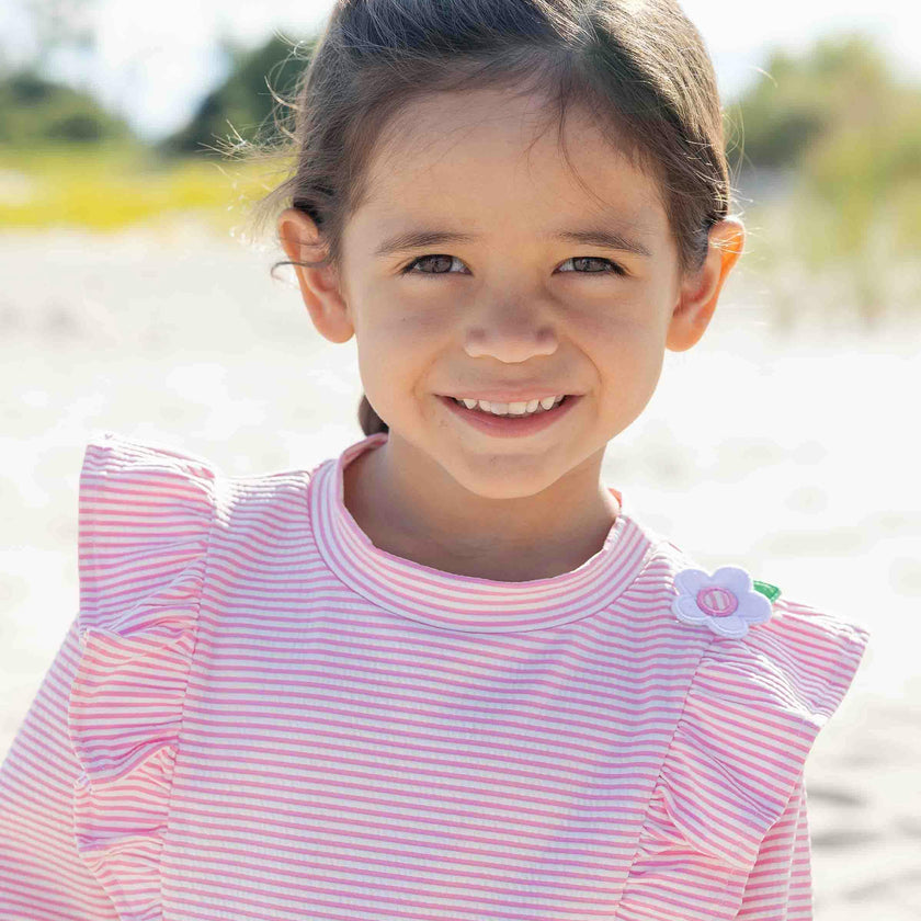 Stripe Seersucker Rashguard Swimsuit With Flower