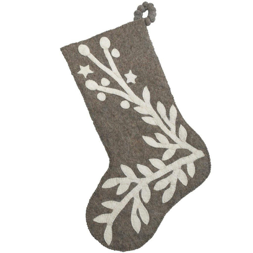 Hand Felted Wool Christmas Stocking, Stars and Branch Gray