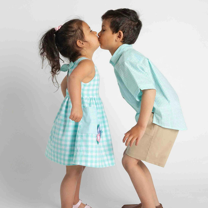 Gingham Linen-Look Dress With Flowers