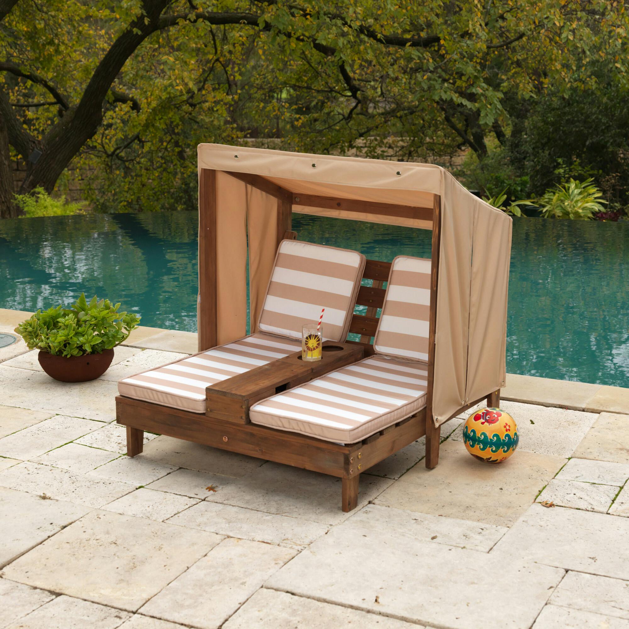 Wooden Outdoor Double Chaise Lounge with Cup Holders