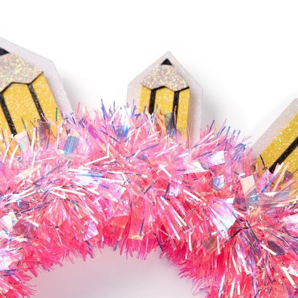 Packed Party Best in Class Pencil Novelty Headband - Multi-Sized Glitter Felt Pencils with Pink Tinsel Wrap for Back to School and Classroom Parties