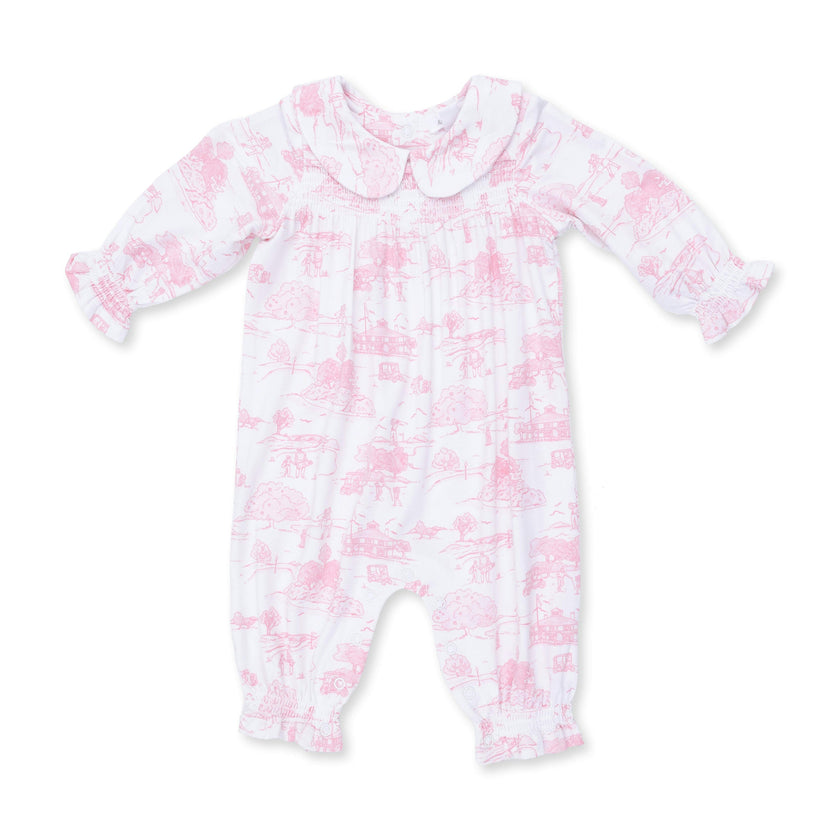 Golf Toile Pink - Smocked Long Sleeve Romper