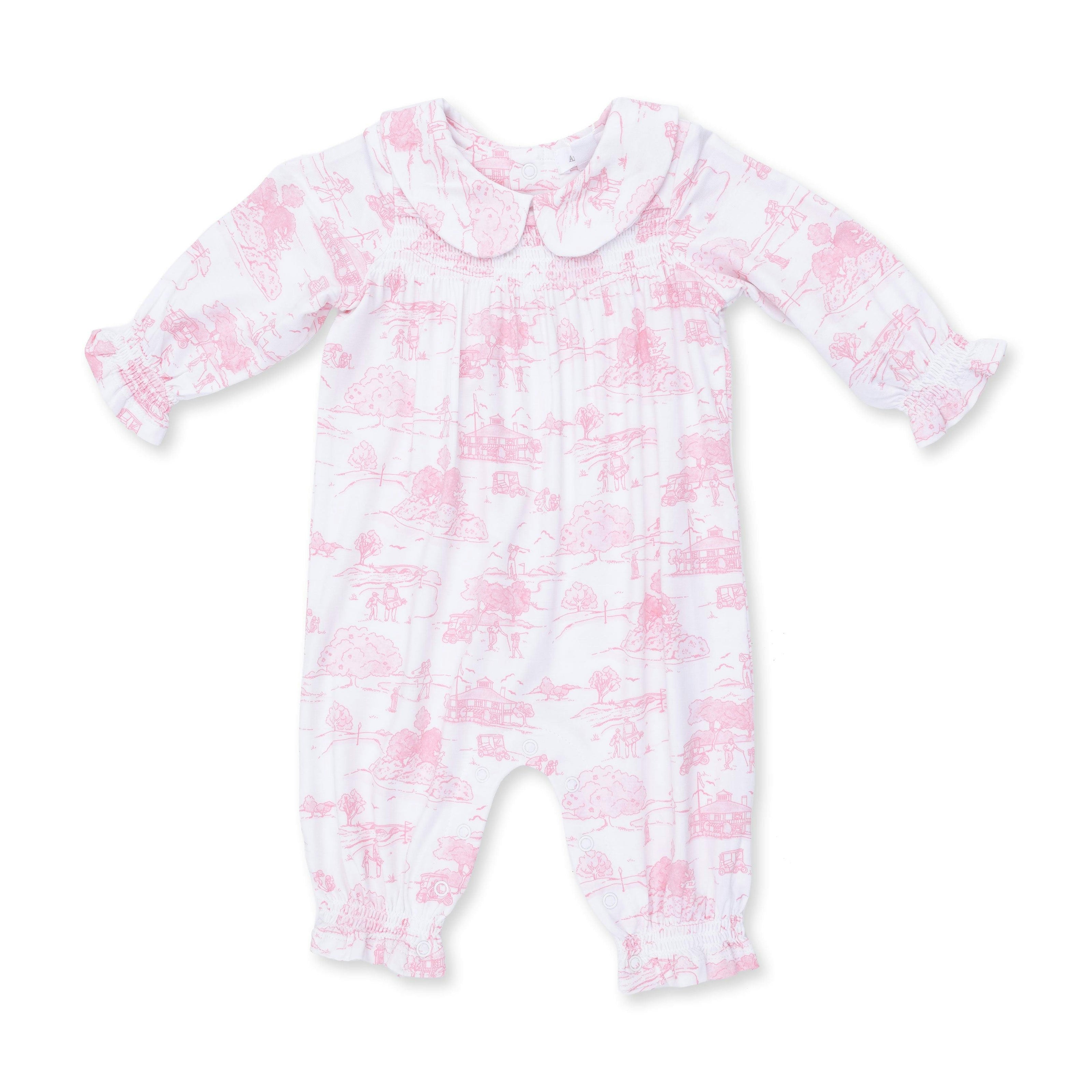 Golf Toile Pink - Smocked Long Sleeve Romper