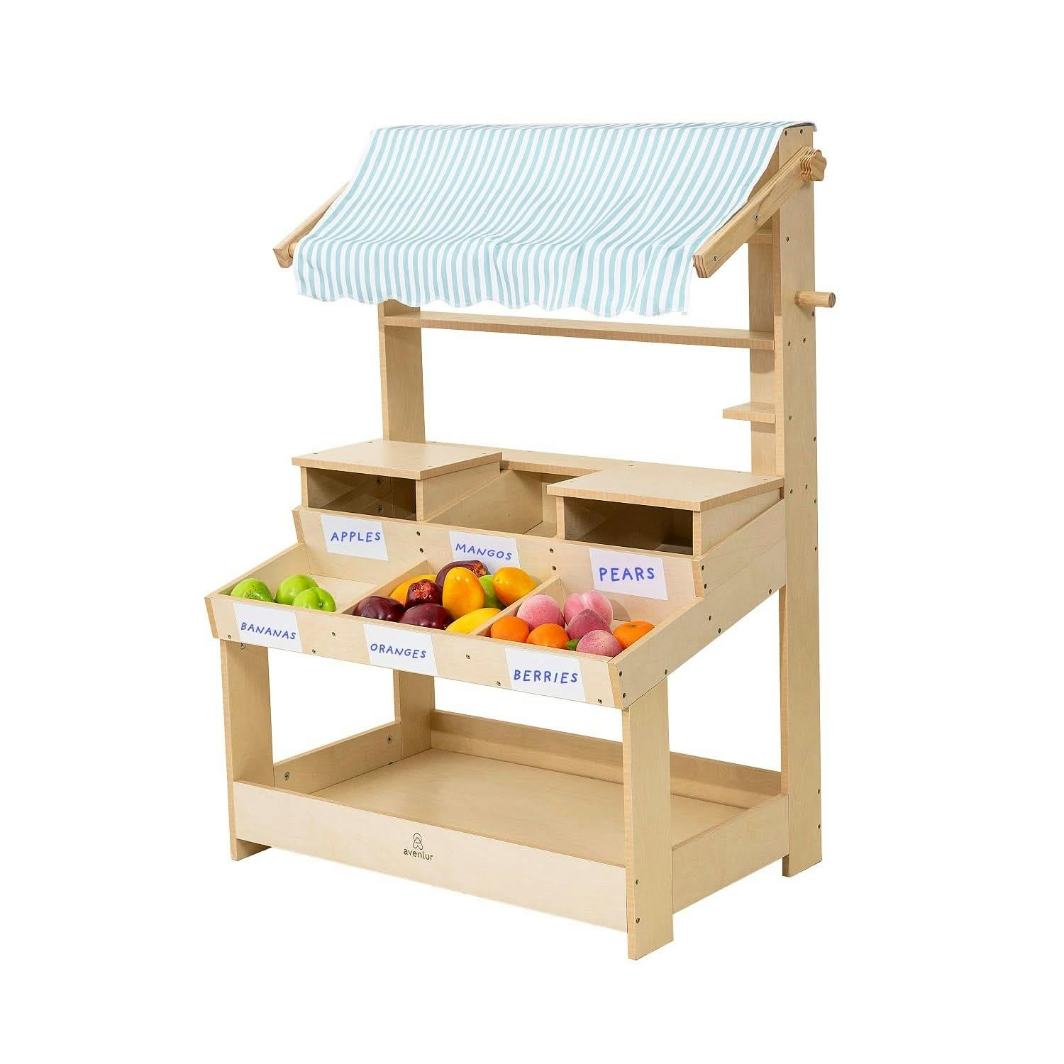 Cypress Wooden Market Stand – Pretend Play Shop for Kids with Storage