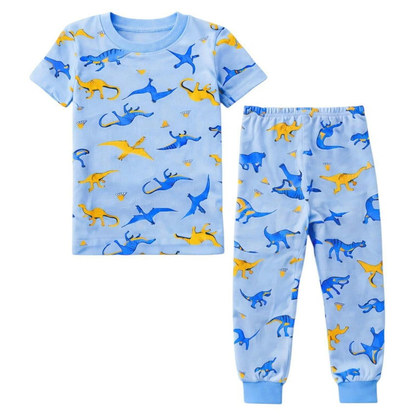 Kids and Toddlers Boys Blue Dinosaurs Shorts Sleeve Snug Fitted Soft Pajamas Set