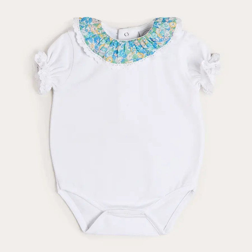 Leontyne Floral Ruffle Collar Lace Detail Bodysuit in Blue Made with Liberty Fabric (1mth-3yrs)