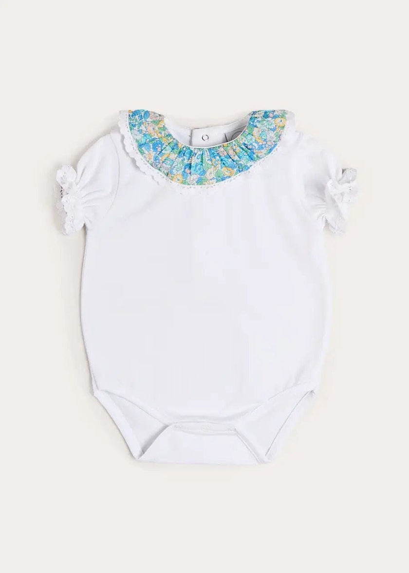 Leontyne Floral Ruffle Collar Lace Detail Bodysuit in Blue Made with Liberty Fabric (1mth-3yrs)