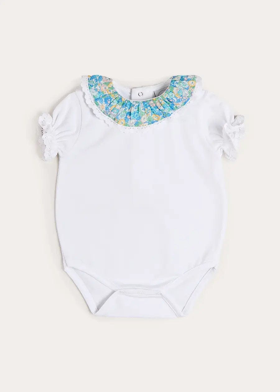 Leontyne Floral Ruffle Collar Lace Detail Bodysuit in Blue Made with Liberty Fabric (1mth-3yrs)