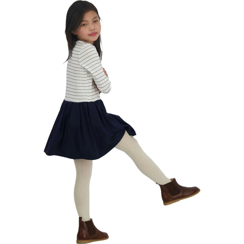 Girls Francesca Mini Striped Bateau Neck Dropwaist Dress, Navy