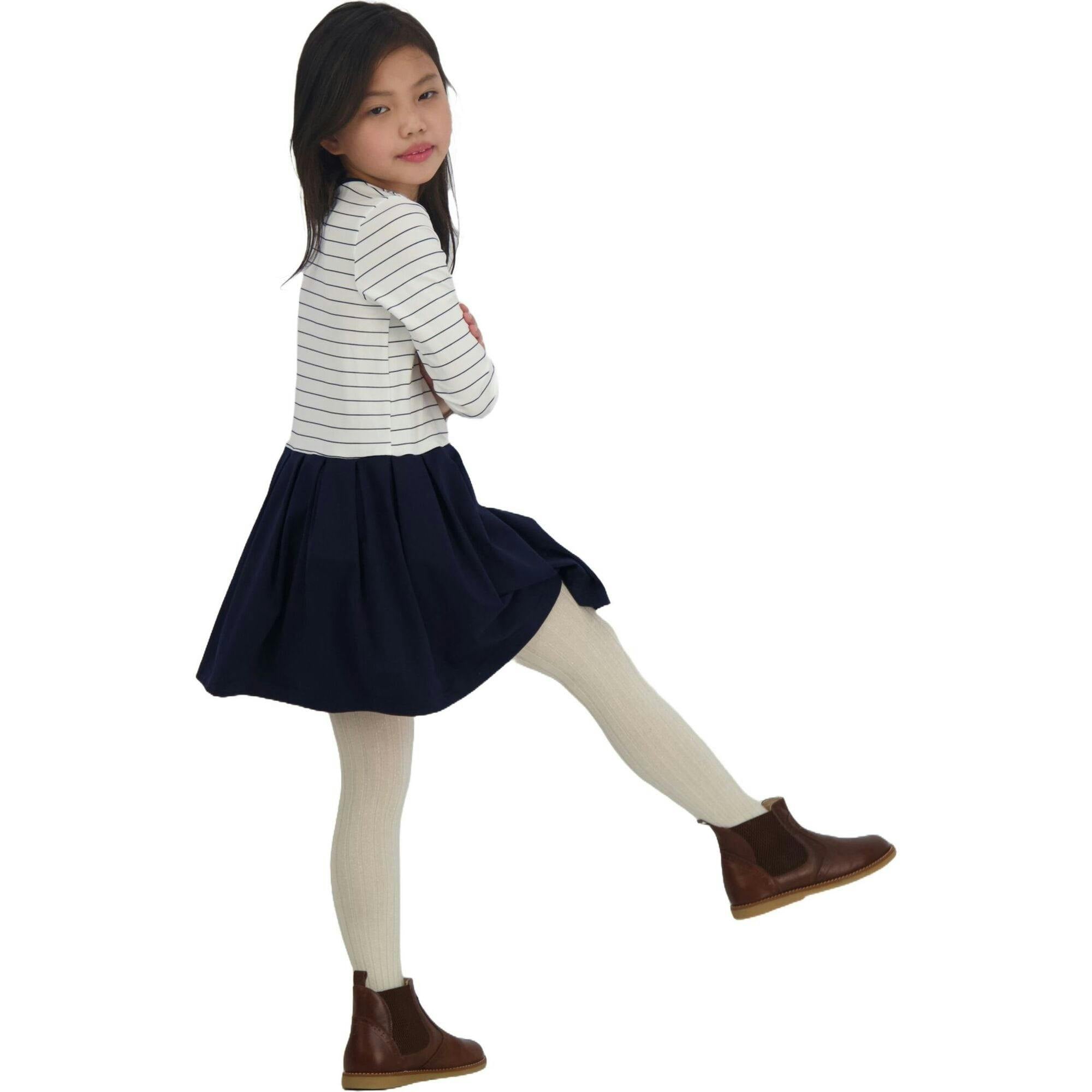 Girls Francesca Mini Striped Bateau Neck Dropwaist Dress, Navy
