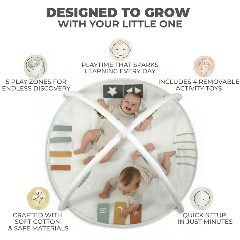 Beautiful Baby Play Gym & Tummy Time Mat - Soft Cotton Mat with 4 Cute Toys & Cards - Perfect Activity Area for Your Girl/Boy - Stylish Infant Floor Playmat