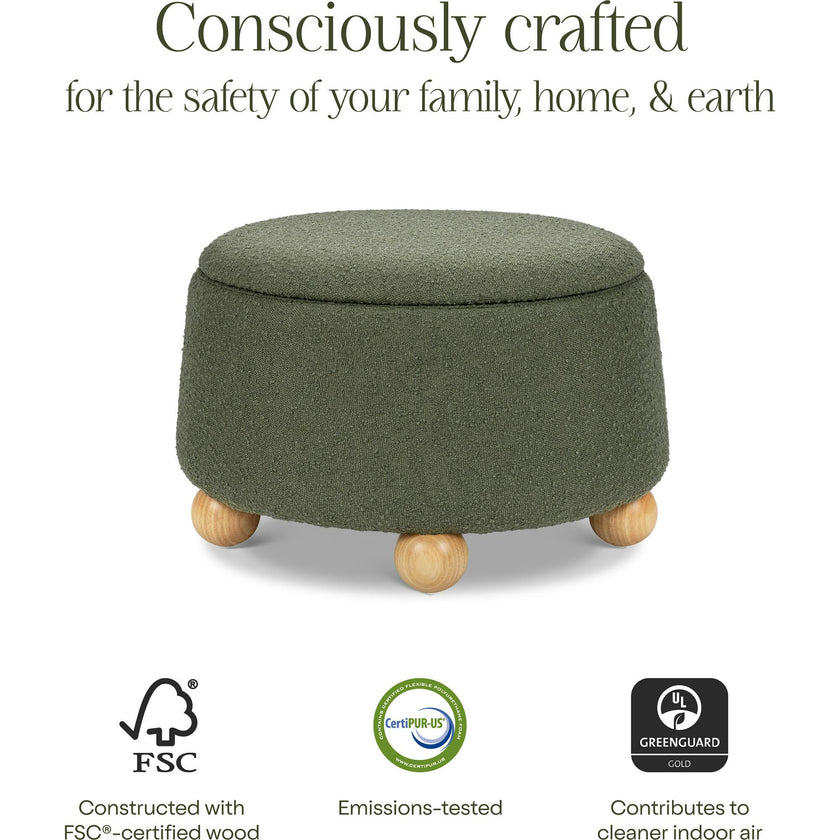 Tuffet Storage Ottoman in Performance Olive Boucle with Honey Ball Feet