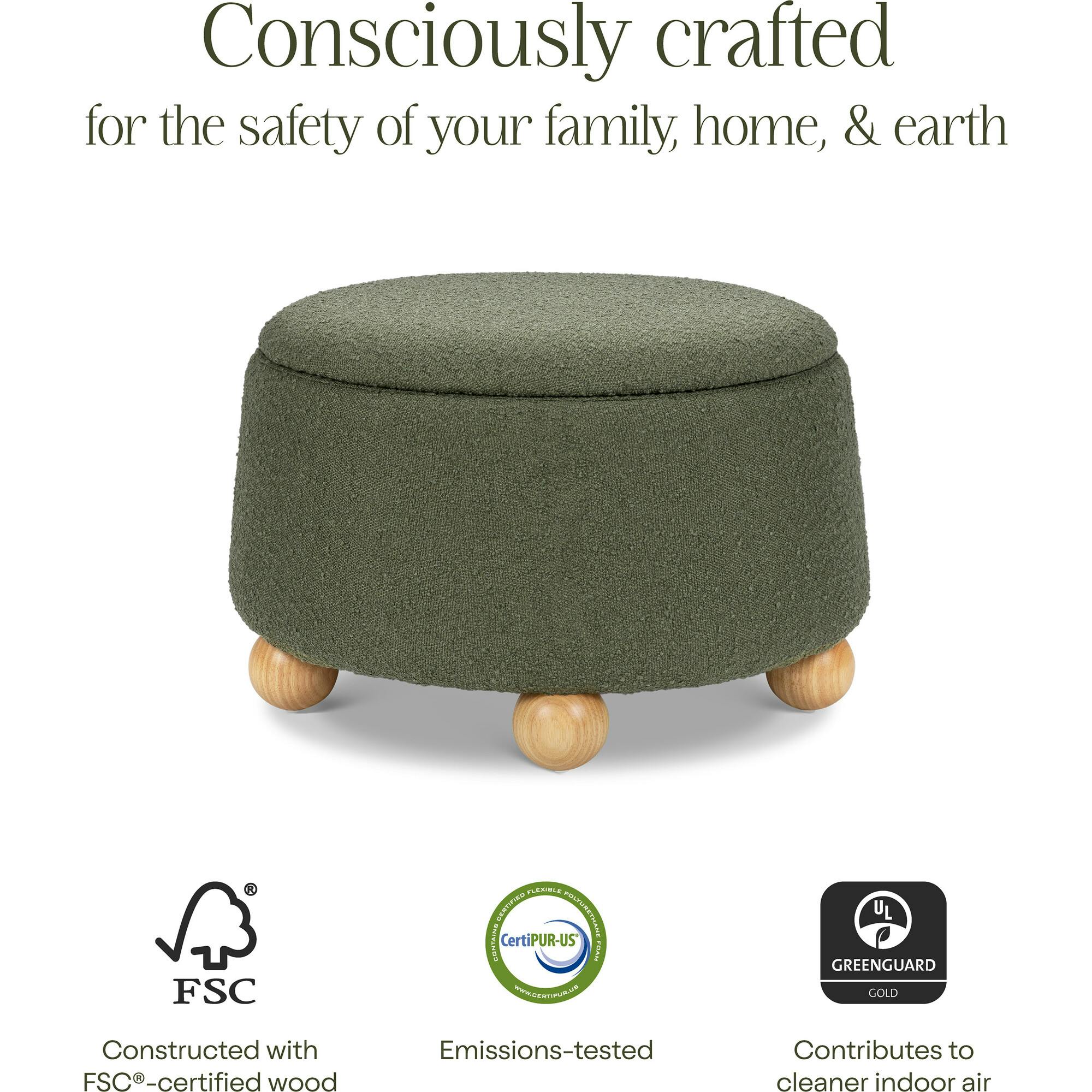 Tuffet Storage Ottoman in Performance Olive Boucle with Honey Ball Feet