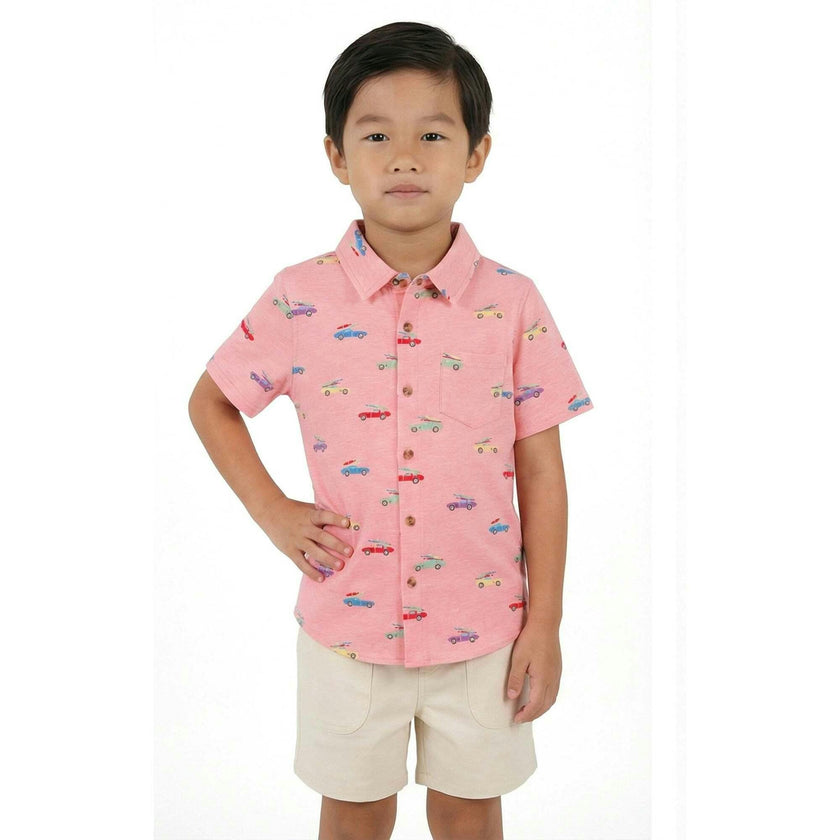 Boys Blue Printed Knit Buttondown | Orange Cars