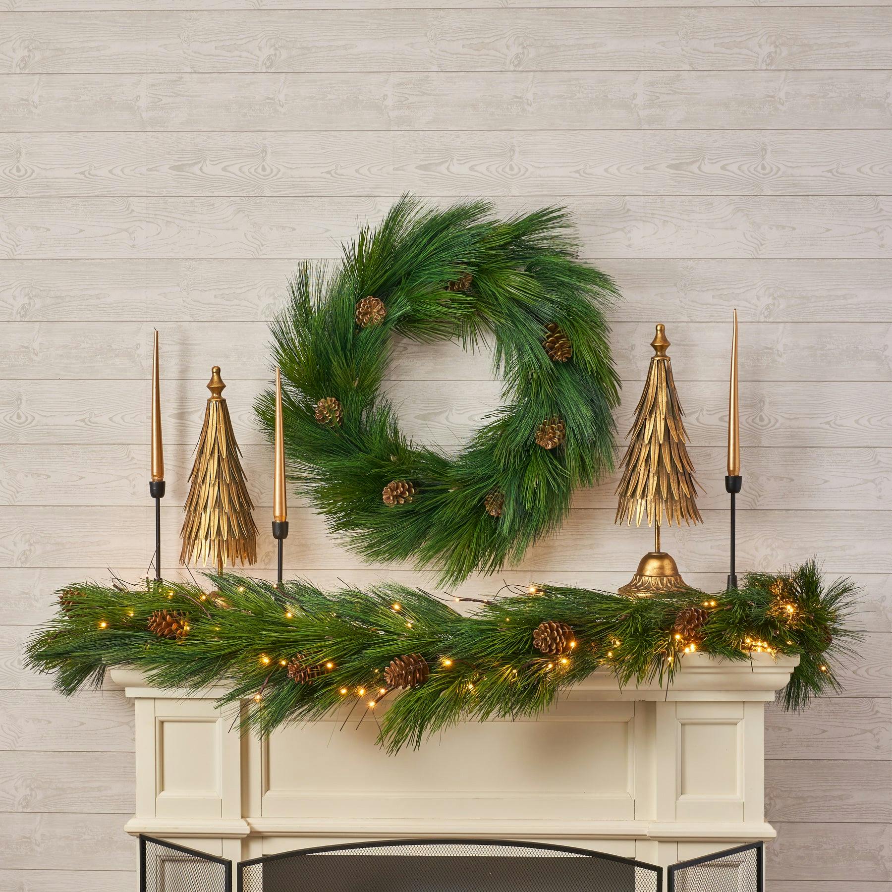 Deluxe Long Needle Pine & Pinecone Faux Winter Greenery Front Door Mantel Wreath