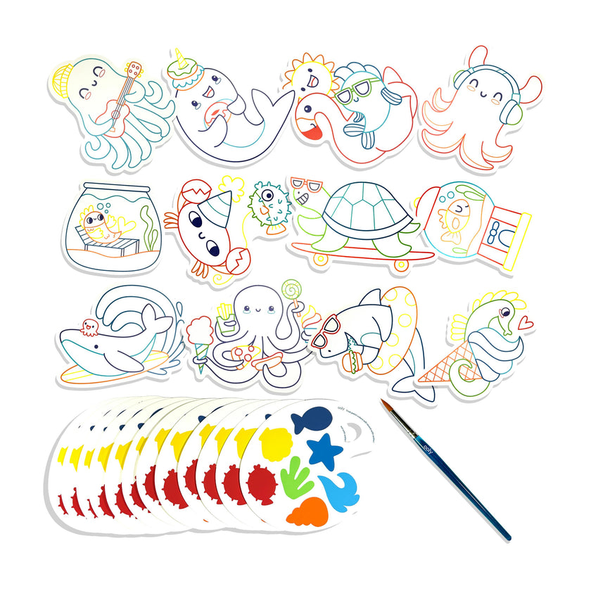 Playful Painters Easy Watercolor Painting Kit - Ocean Fun - 12 Cards 12 Palettes 1 Paintbrush