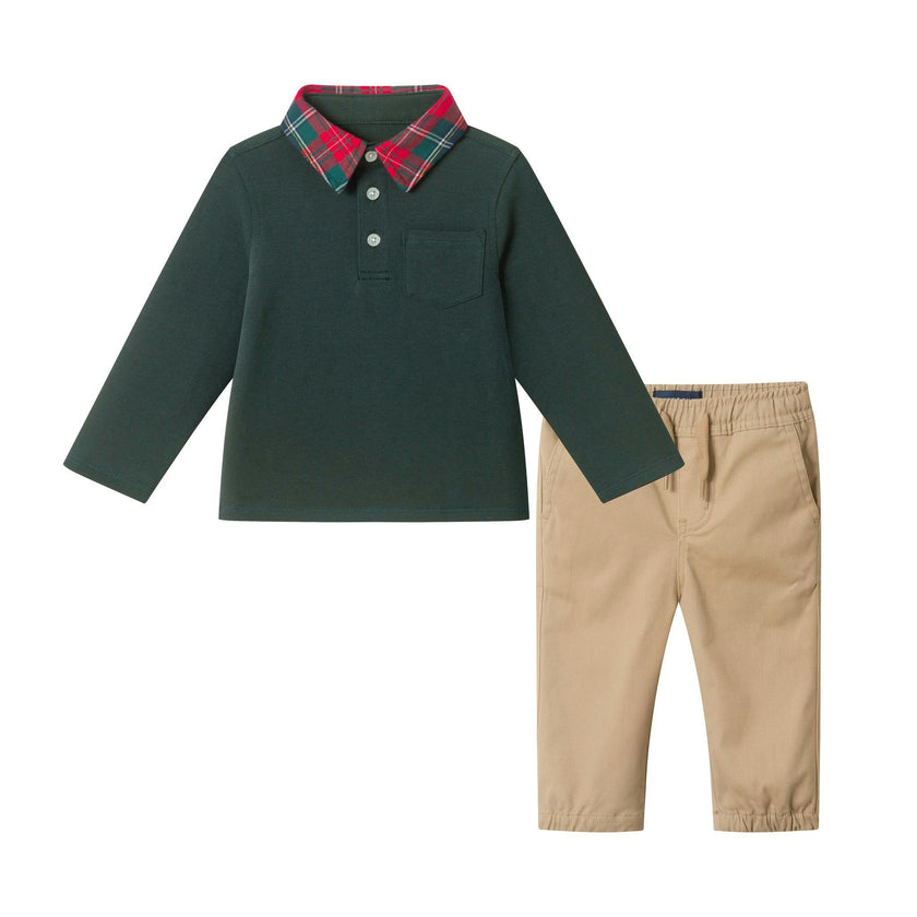 Infant Plaid Collar Polo & Pant Set | Green