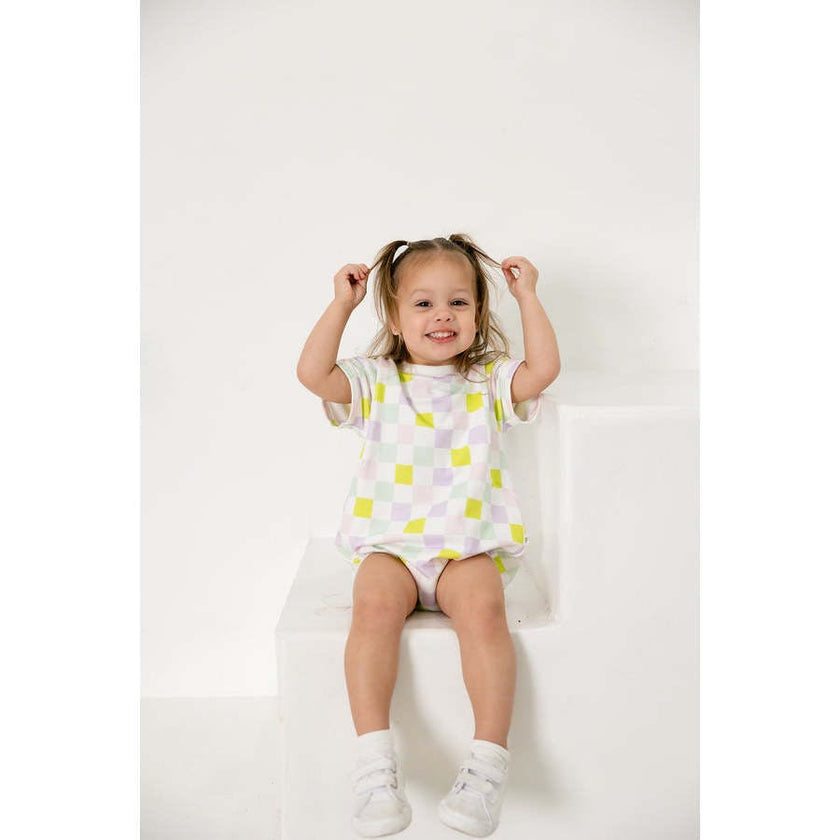 multi-checkered bubble romper