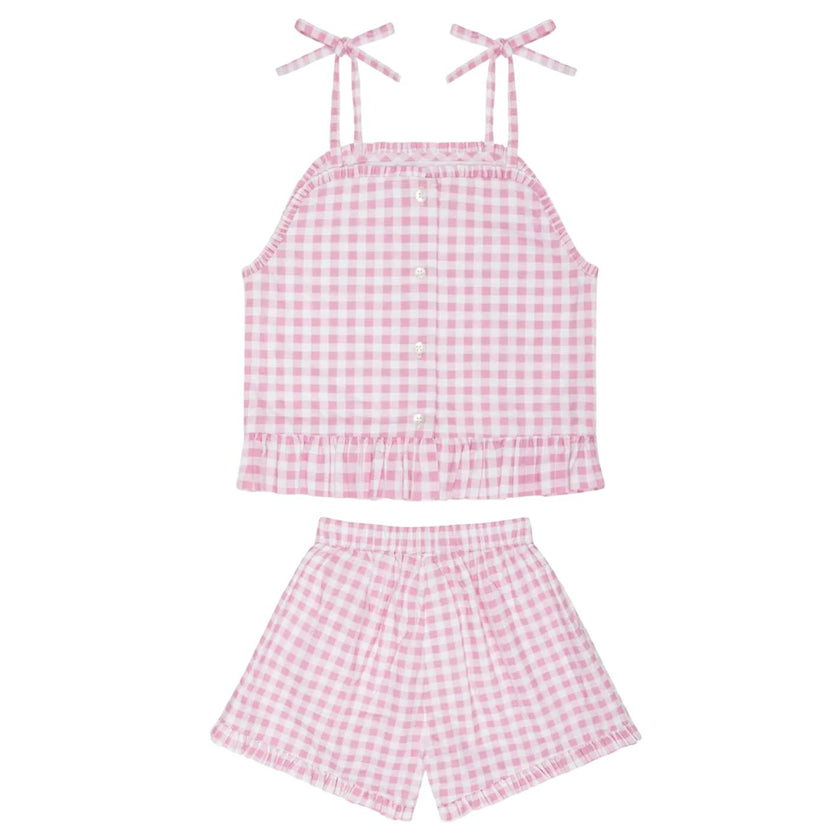 girls blush gingham tie tank and short set
