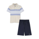 Beige & Blue Striped Polo Set