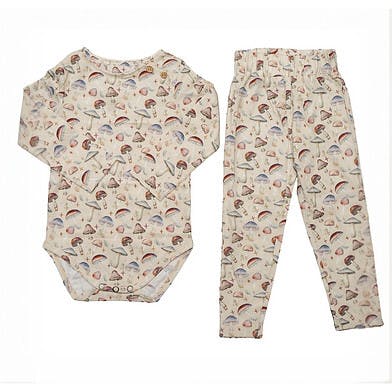 Mushroom Print Long-Sleeve Romper, Beige