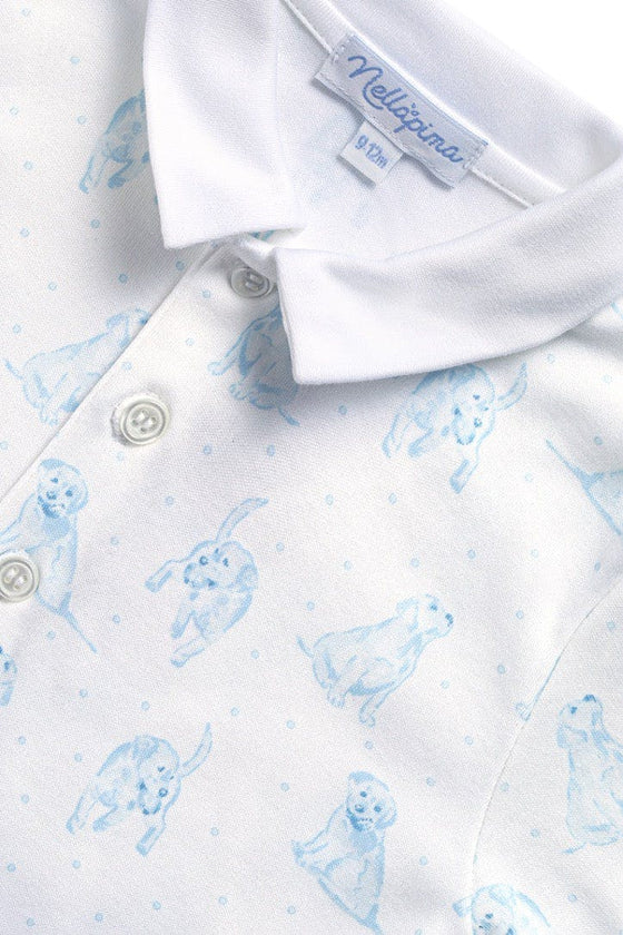 Blue Puppy Love Print Romper long sleeve