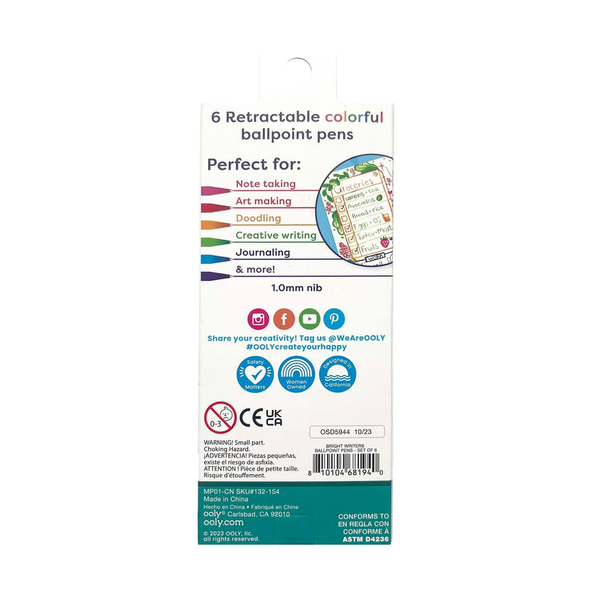 Bright Writers Colored Ink Retractable Ballpoint Pens - Set of 6