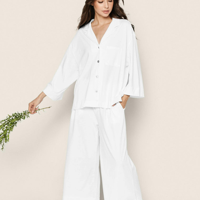 The Olivia Wide Leg Pima Pajama Set in White