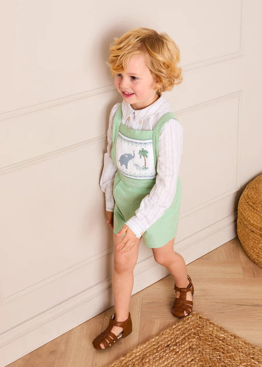 Elephant Embroidered Smocked Dungarees in Sage Green (18mths-4yrs)